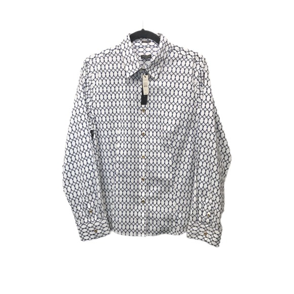 Talbots Tops - Talbots White Blue‎ Chain Print Wrinkle Resistant Button Front Shirt Size 14 NEW